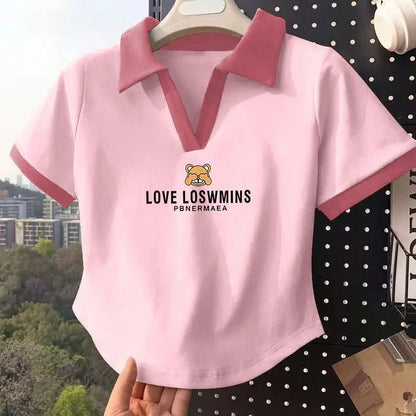 White Short Sleeve Popl Shirt Women's Summer T-shirt 2025 New Style Korean Version Small Size Shoulder Collar Top Cotton Materia.