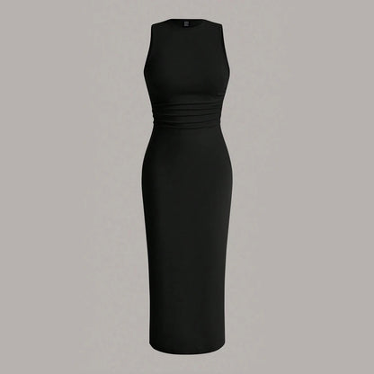Mia Muse Damenkleider für alle Jahreszeiten, minimalistisch, schlicht, ärmellos, Rundhalsausschnitt, Wickel-MIDI-Partykleider