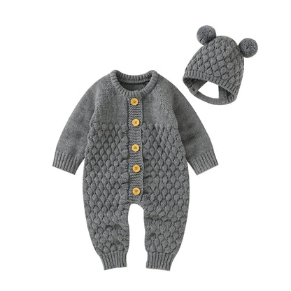 Autumn Baby Rompers Solid Long Sleeve Knitted Newborn Boys Girls Winter Outwear Jumpsuits Hats Clothes Sets 0-18m Infant Outfits