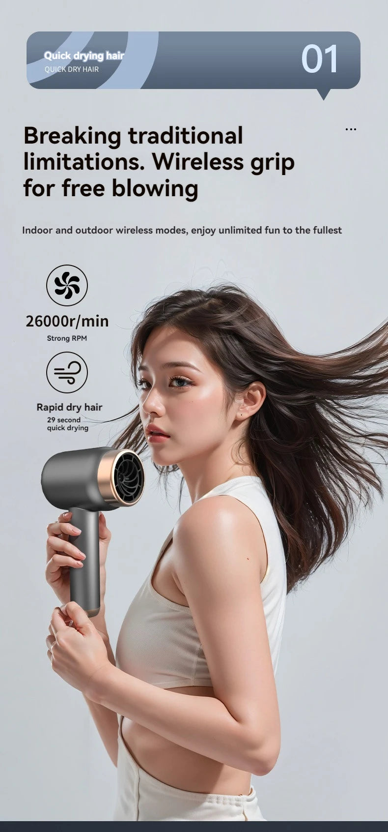 Wireless charging hair dryer for household use, high-speed negative ion hair dryer, high-power bladeless hair care, quick drying.