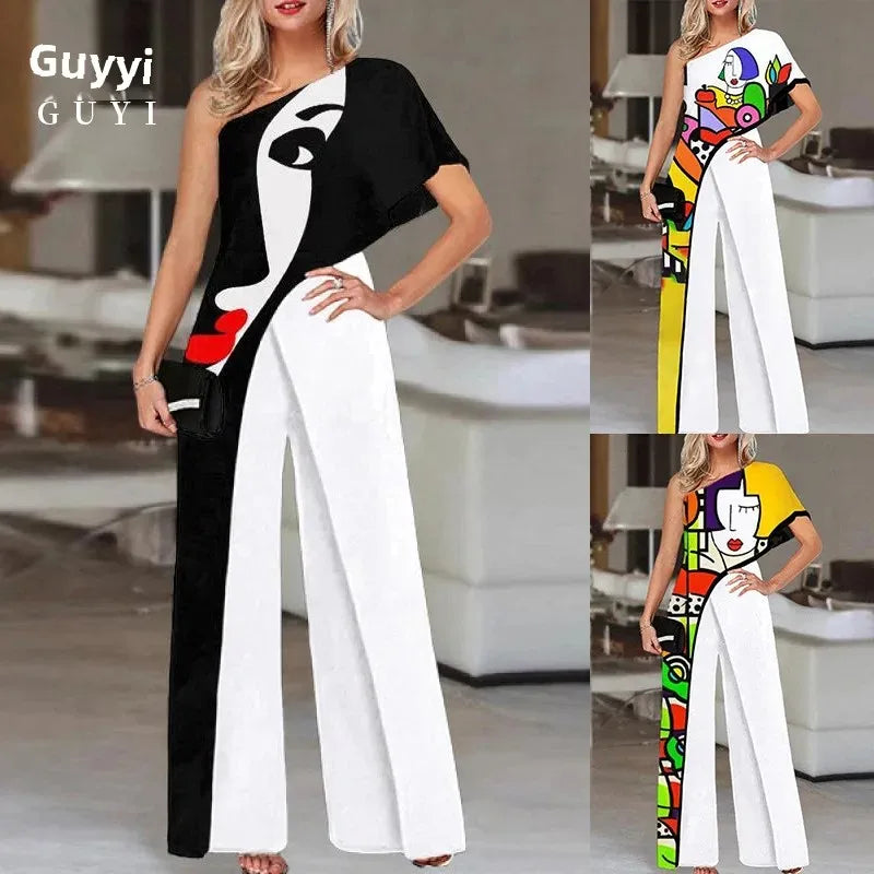 Fashionable Printed Loose-Fit Women's Jumpsuit Casual Style Cross-Border Amazon Style 2022 Women's Clothing Bell Bottoms.