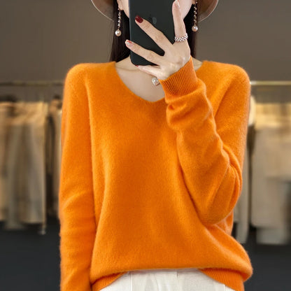 2024 100% Merino Reine Wolle V-ausschnitt Herbst Und Winter Pullover Pullover Neue Kaschmir Pullover frauen Beiläufige Gestrickte Top DMR201