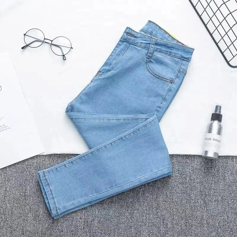 High Waist plus Size Denim Jeans Women's Tight Fit Butt Enhancing Pencil Pants New Arrival Light Blue Casual Long Trousers.