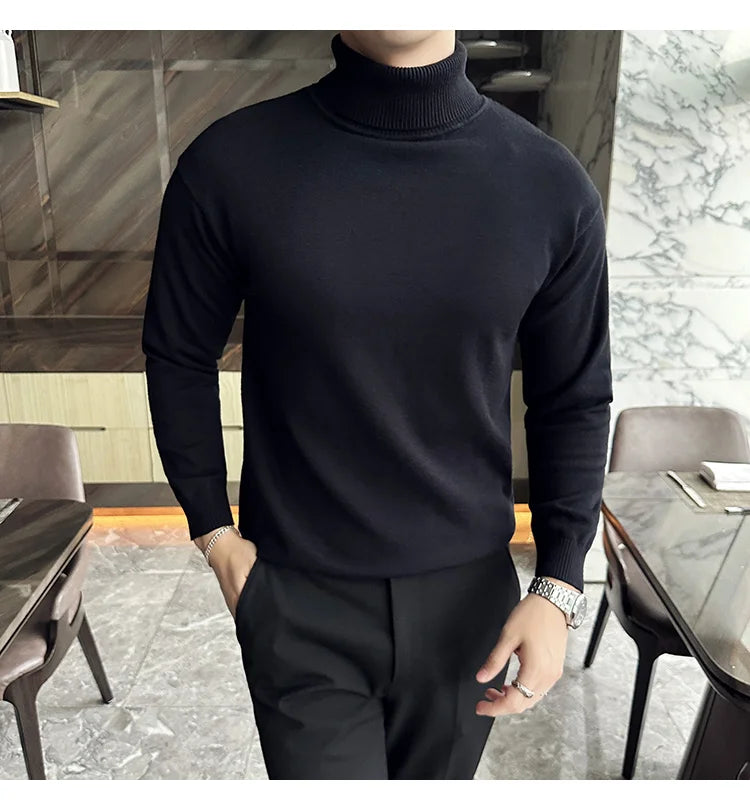 Korean Fashion Autumn Winter Sweaters Men Pullovers Fleece Turtleneck Knitted Sweatshirt Warm Bottoming Shirts.