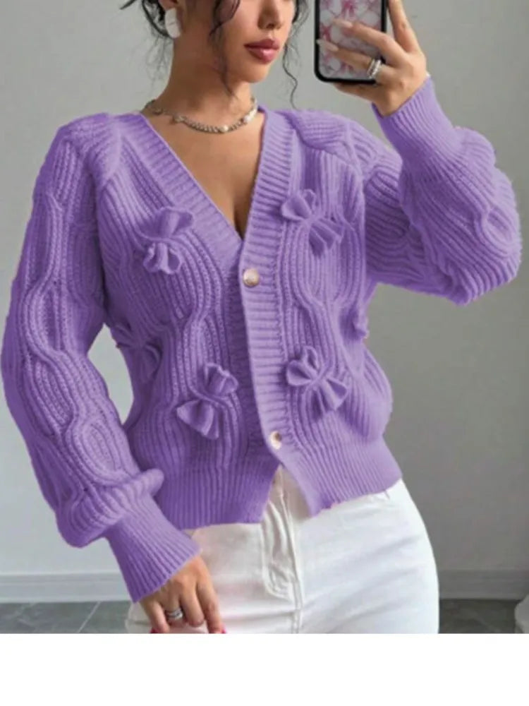 2025 Autumn And Winter Solid Color Long-sleeved Bow Knit Cardigan Jacket New Women's Elegant V-neck Button Versatile Sweater Top