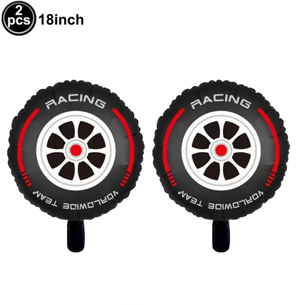 Rennwagen-Thema, zwei schnelle Jungen, Partydekorationen zum 2. Geburtstag für Rennwagen, karierte Flaggen, Rennrad, Einweggeschirr.