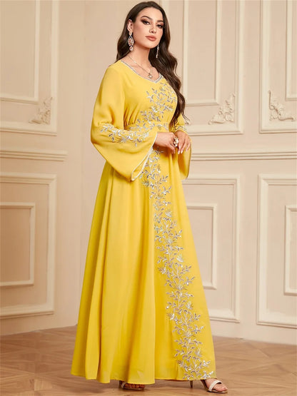 Siskakia Ramadan Muslim Woman’s Elegant Embroidery Abayas With Sashes Long Modest Dresses Women Loose Fashion Kebaya.