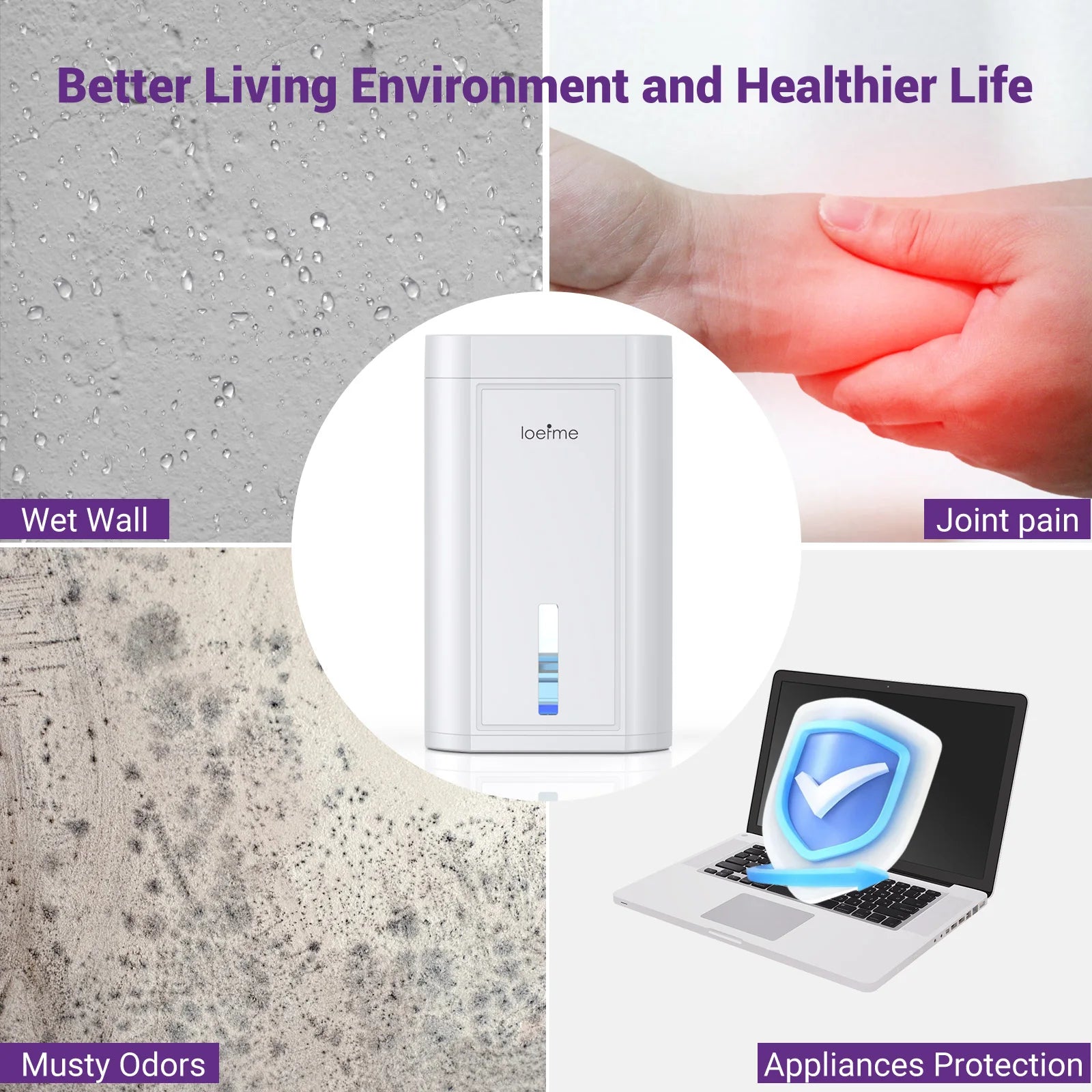 LOEFME 1000ml Electric Dehumidifier with Quiet & Auto Shut Off 7 Colorful LED, Portable Mini Dehumidifier for Wardrobe, Bathroom.