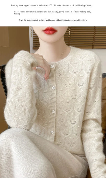2024 Autumn And Winter New Round Neck Hollowed Out 100 Wool Knitted Cardigan Women's Versatile Coat Loose Casual Sweater DMR281.