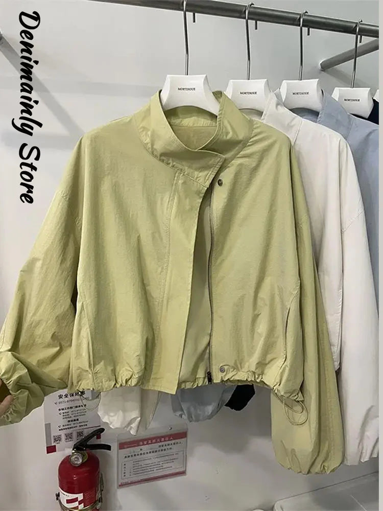 Straße Solide Zipper Dünne Jacke Frauen Stehen Kragen Volle Hülse Kordelzug Straße Jacken 2025, Herbst Dame Casual Outwears Neue.