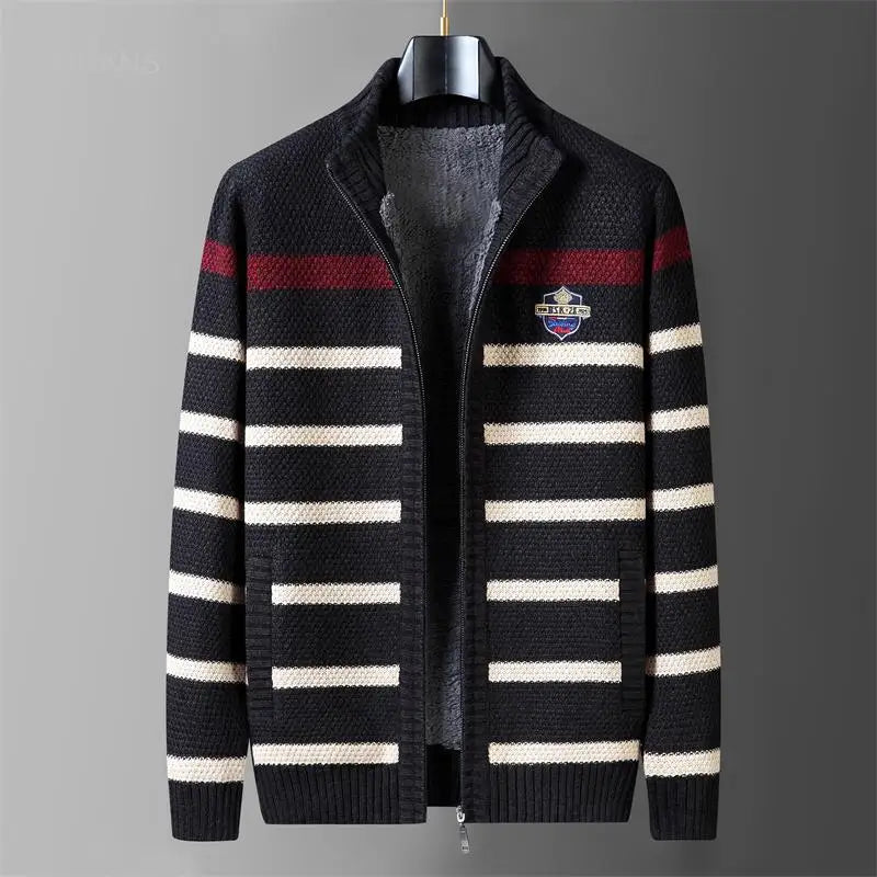 Winter Wool Liner Sweater  Cardigan Man Knit Striped Stand Collar Jacket Outwear Knitted Sweatercoat Men Vintage Clothing.