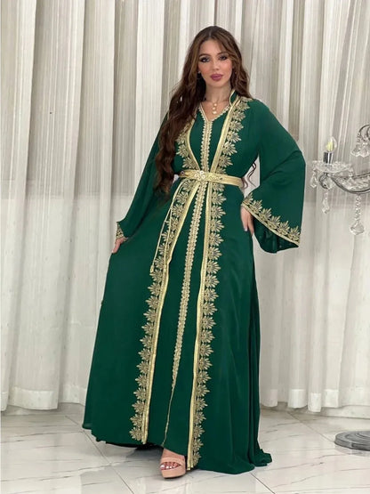 Eid Muslim Women Party Dresses Jalabiya 2 Piece Set Embroidery Arab Long Robe Ramadan Morocco Dubai Abayas Islam Vestidos Kaftan.
