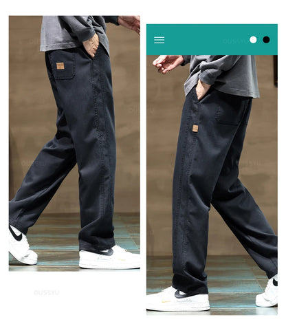 Brand Clothing New Soft Lyocell Fabric Pants Men Thick Loose Straight Drawstring Elastic Waist Korea Casual Cargo Trousers Male.