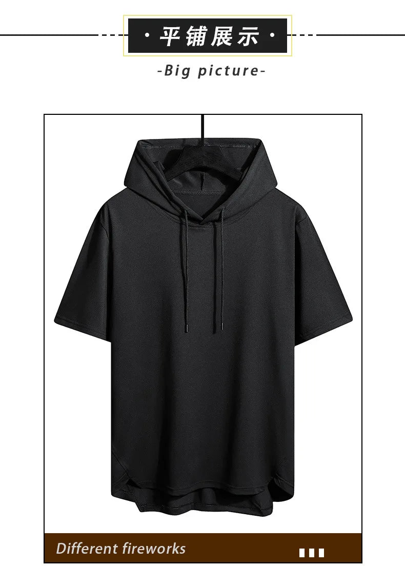 2025 Men's Summer Hoodies T-shirts Short Sleeve Solid Color Loose Hooded Drawstring Pullover Tops Basic Tees for Daily Wear Male.