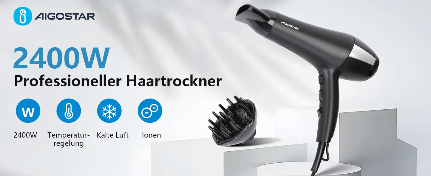 Aigostar Monique 32HIE Professional 2400W Ionic Hair Dryer with 2 Speeds and 3 Temperature Settings - Cold Air Button.Overheat P
