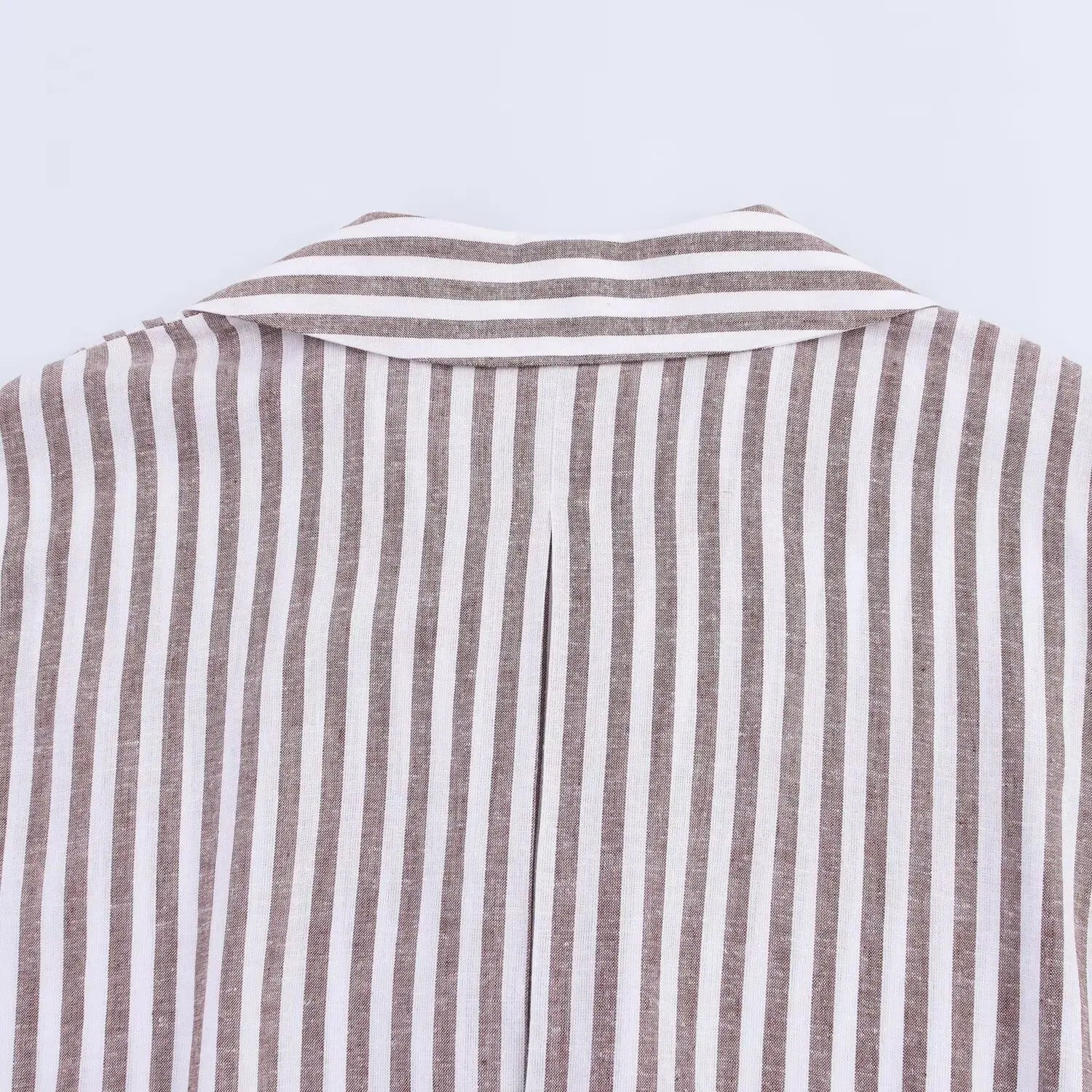 Summer Women's Curled Wide Sleeves Linen Blended Striped Asymmetric Casual Shirt Versatile Collar Linen Blended Printed Shirt.