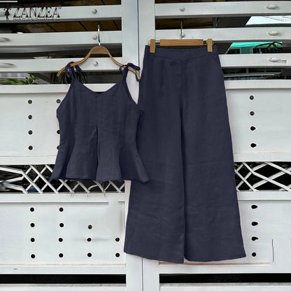 ZANZEA Women Stylish 2 Pieces Pant Sets Spaghetti Straps V-Neck Ruffled Camisole Tops & Wide Leg Pants 2pcs Suits Woman Outfits.
