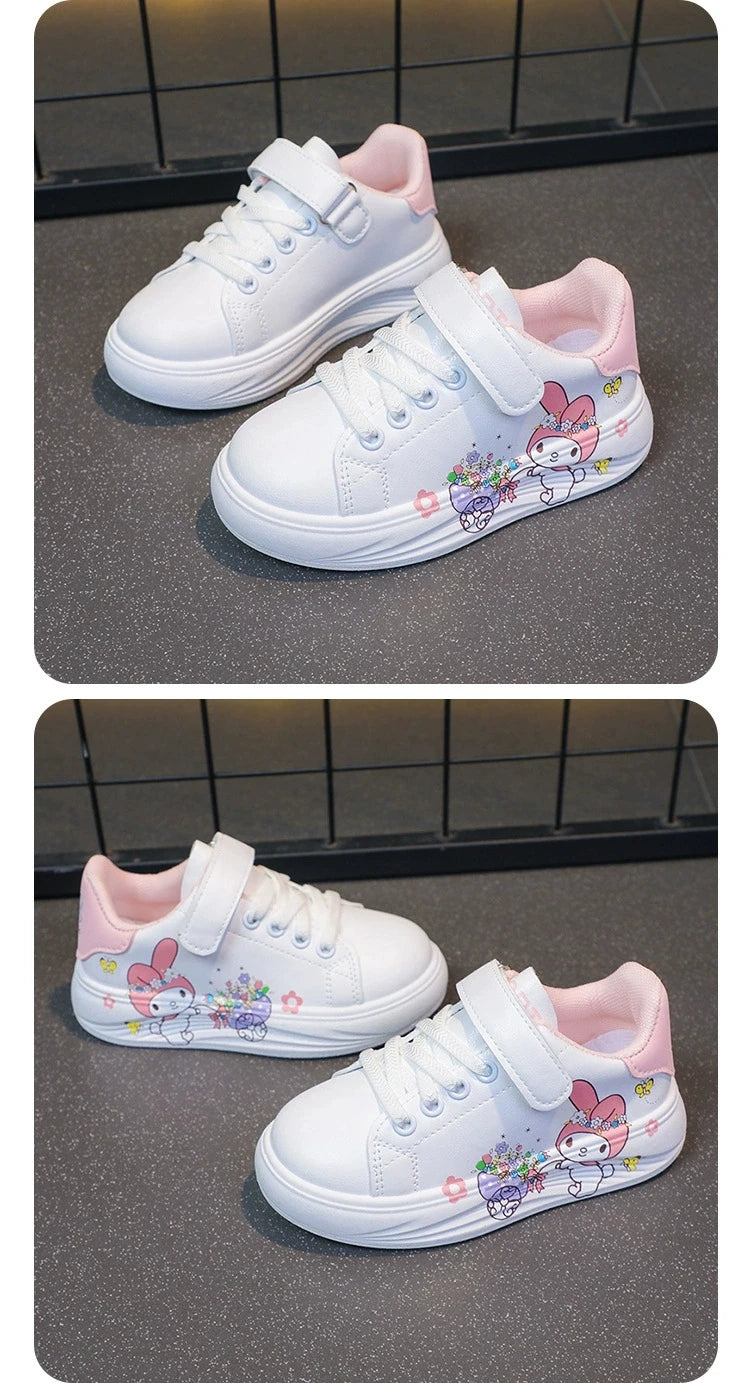 Baby Girls White Shoes Kids Casual Sneakers Cartoon Soft Breathable Fashion Children White PU Leather Shoes Size 26-37.