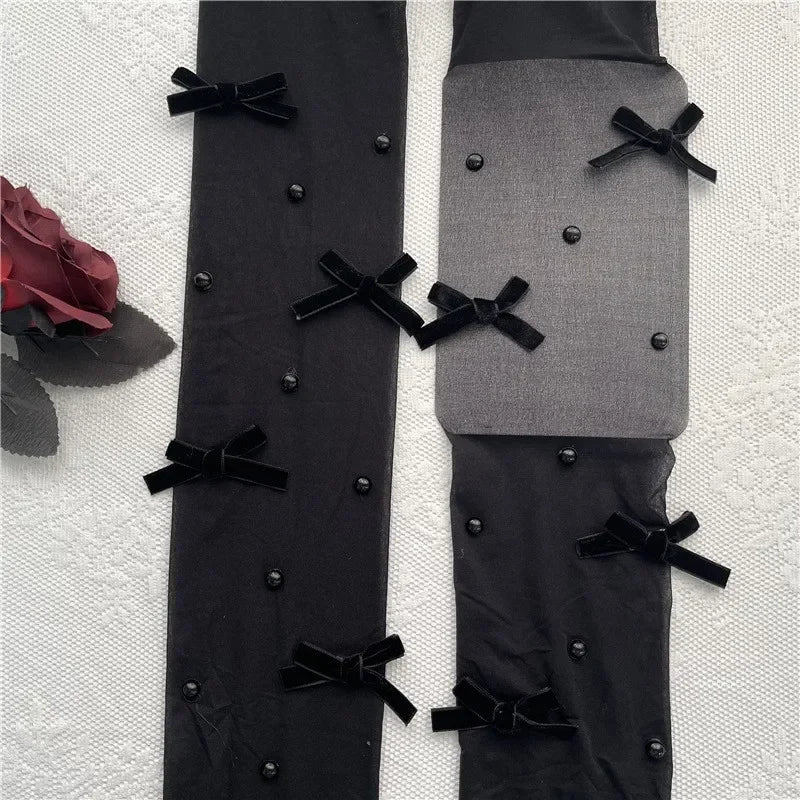 Sweet Pure Desire Butterfly Knot Stockings Pearl Pantyhose Women's Ultra Thin Any Cut Anti Snag Long Tube Socks.