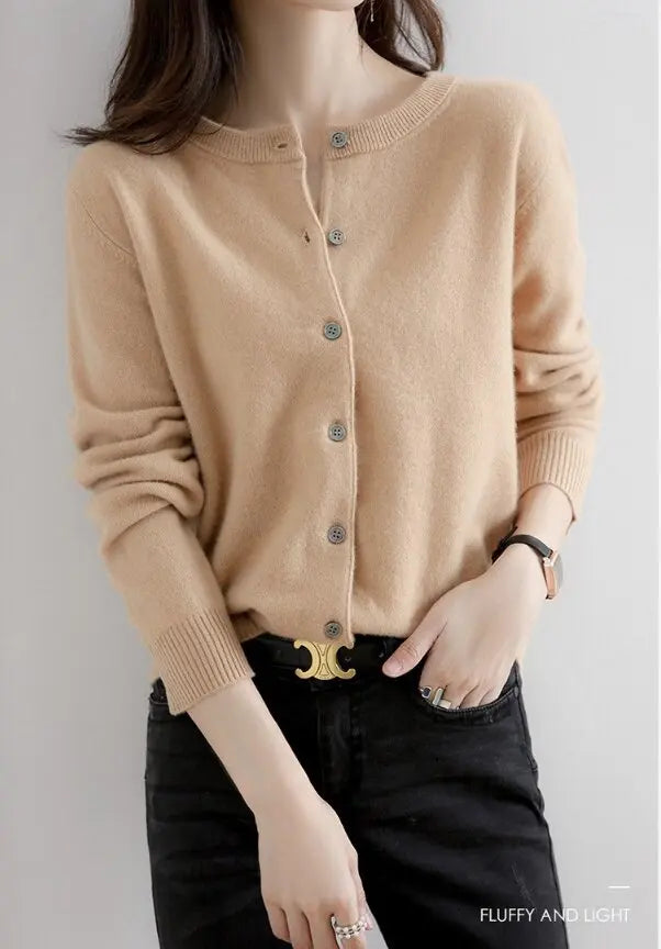 Women Knitted Cardigans Autumn Winter 2025 Round Neck Casual Long Sleeve Tops Solid Basic Soft Sweaters Female.