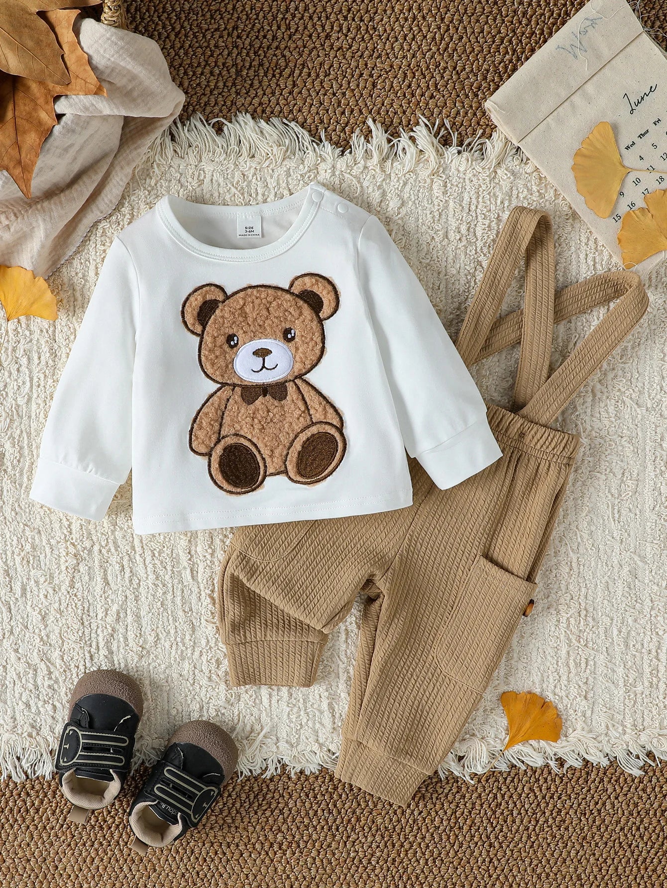2PCS Baby Boys Boys Autumn Cute Long Sleeve Top  With Bear +Button Jumpsuit Playsuit Overalls Sets Clothes Casual Outfits.