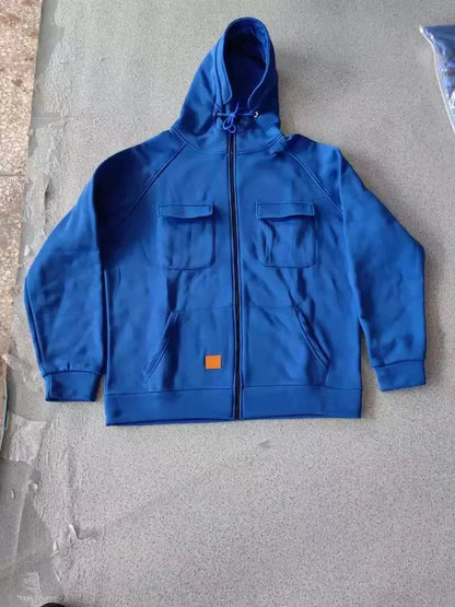 New Autumn Winter Men's Hooded Solid Hoodies Jackets Multi Pockets Male Zipper Sweatshirts Sports Outdoor Casual Hoodie Coat.