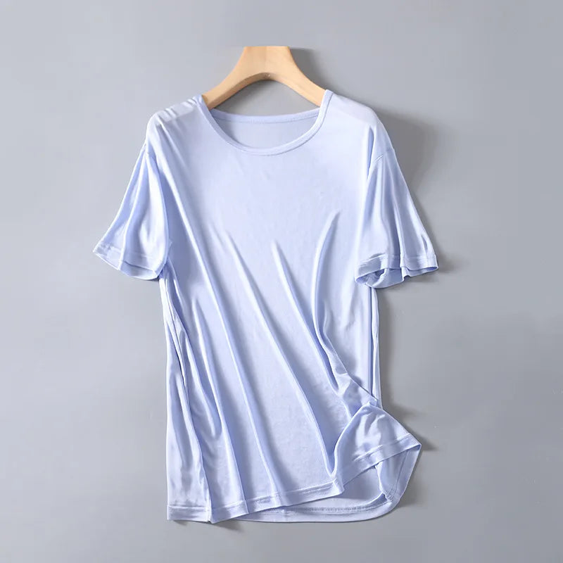 Men's Spring Summer Thin 100% Natural Silk T-shirt Male Elastic Casual Breathable Summer Silk Shirt Tops TB1167.