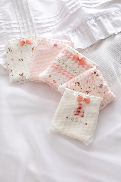 5Pcs/set Pure Cotton Sweet Bow Lace Women Panties Mid-Waist Girls Briefs Floral Underpants Soft Shorts Sexy Female Lingeries.