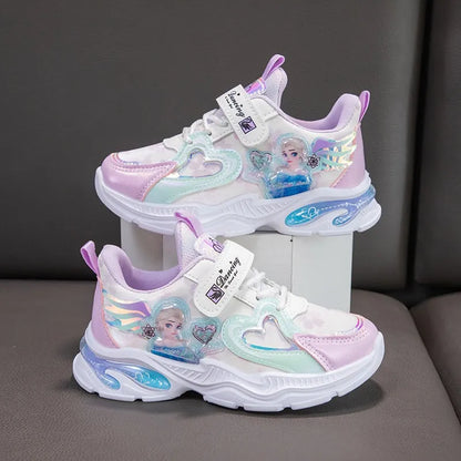 Disney Girls' Casual Shoes Frozen Priness Elsa Sneakers Mesh Leather White Breathable Sole Children's Sport Shoes Size 26-37.