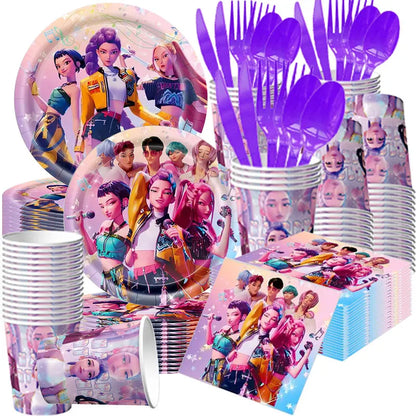 NEUE Dämon Jäger Kpop Geburtstag Dekorationen Set Geschirr Luftballons Banner Tischdecke Tasche Kpop Kuchen Dekor Für Mädchen Party Gefälligkeiten.