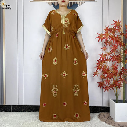 New Dubai Fashion Women Party Evening Dress 2024 Summer Short Sleeve Elasticity Embroidery Femme Robe African Islam Loose Abaya