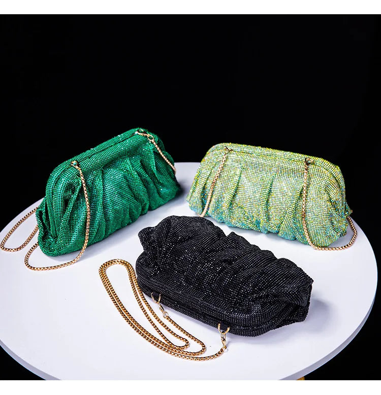 Premium Handmade Diamond-encrusted Clutch Bag Pleated Chain Rhinestone Cloud Clip Dinner Bag Single Shoulder Oblique Span Bolsos.