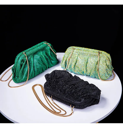 Premium Handmade Diamond-encrusted Clutch Bag Pleated Chain Rhinestone Cloud Clip Dinner Bag Single Shoulder Oblique Span Bolsos.