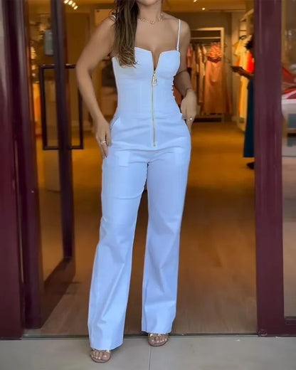 Women's Fashionable High-waist Jumpsuit Office Sexy Zipper Jumpsuit Summer Casual Commuting Solid Color Long Suspender Jumpsuit.