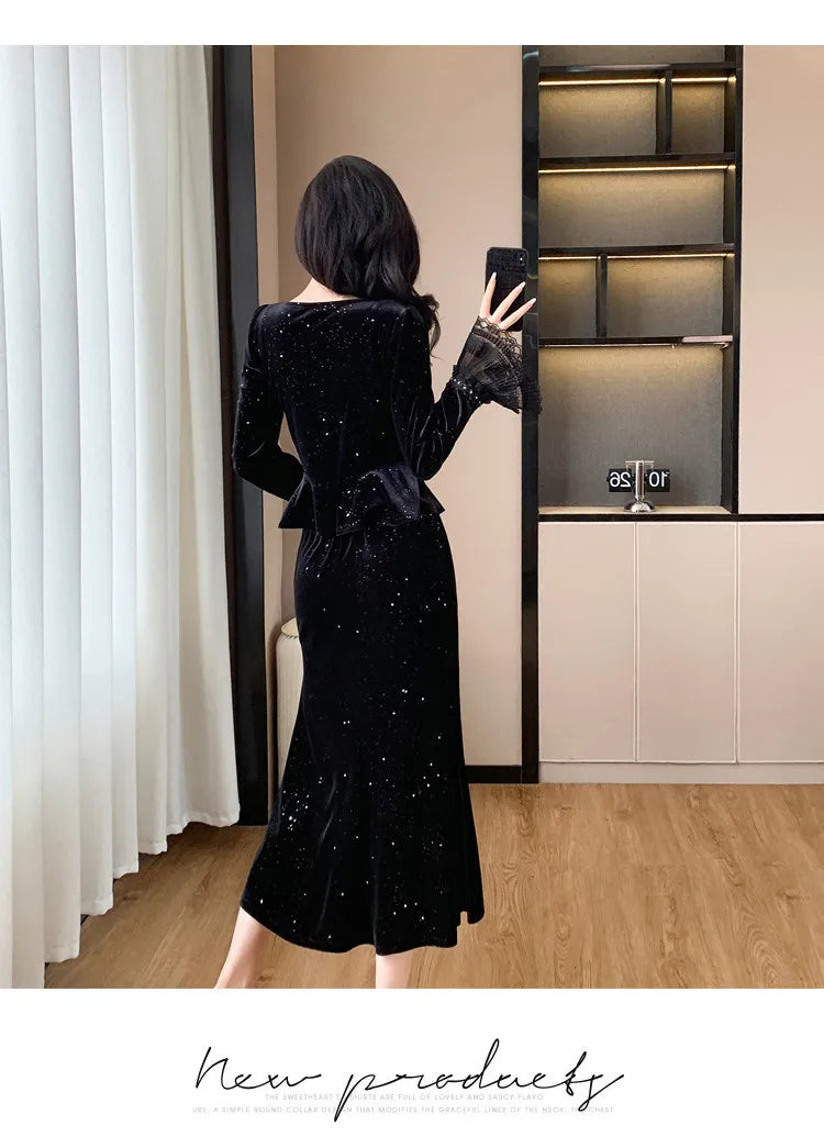 VigoAnne 2025 Black Long Sleeve Top And High Waist Korean Skirt 2 Piece Sets Woman Spring Autumn Velvet Long Dress Suit Ladies.
