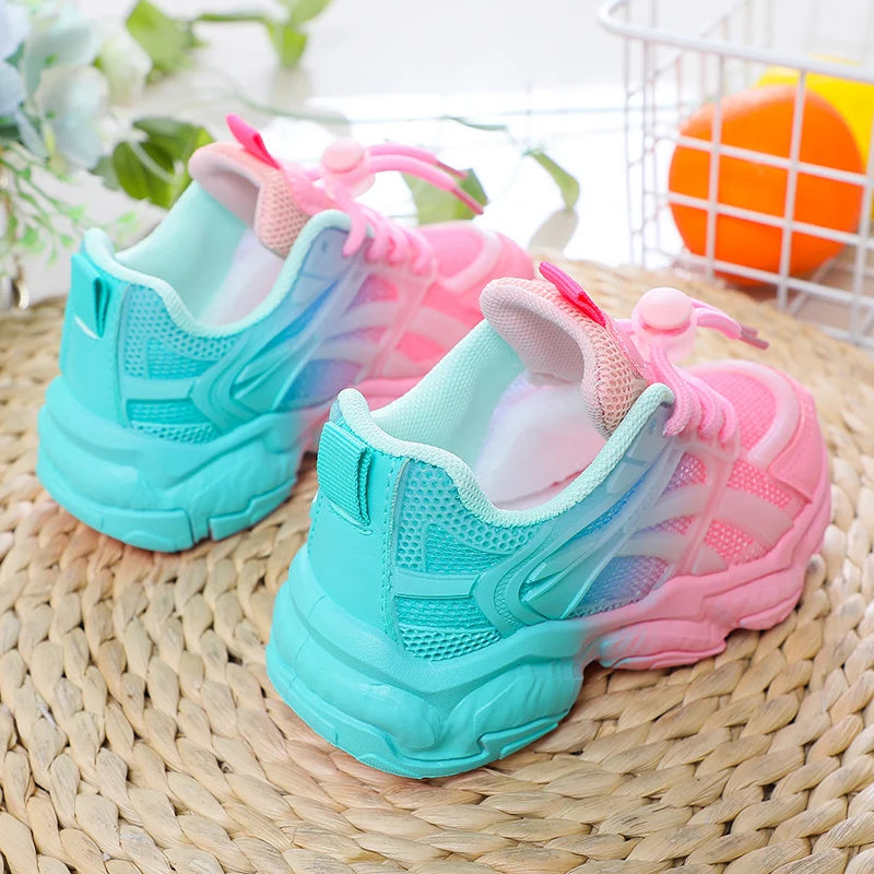 Girls Cute Gradient Mesh Sneakers Low Top Breathable glowing Platform Sports kids Shoes.