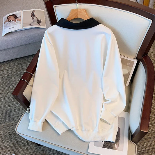 175kg plus size Damen büste Frühling Herbst lose besticktes Sweatshirt schwarz weiß groß 5xl 6xl 7xl 8xl 9xl