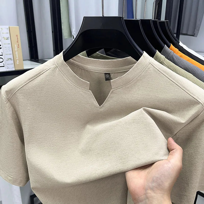 Korean Men's Casual and Fashionable Small V-neck Solid Color Short Sleeved T-shirt Comfortable Summer Versatile Top.