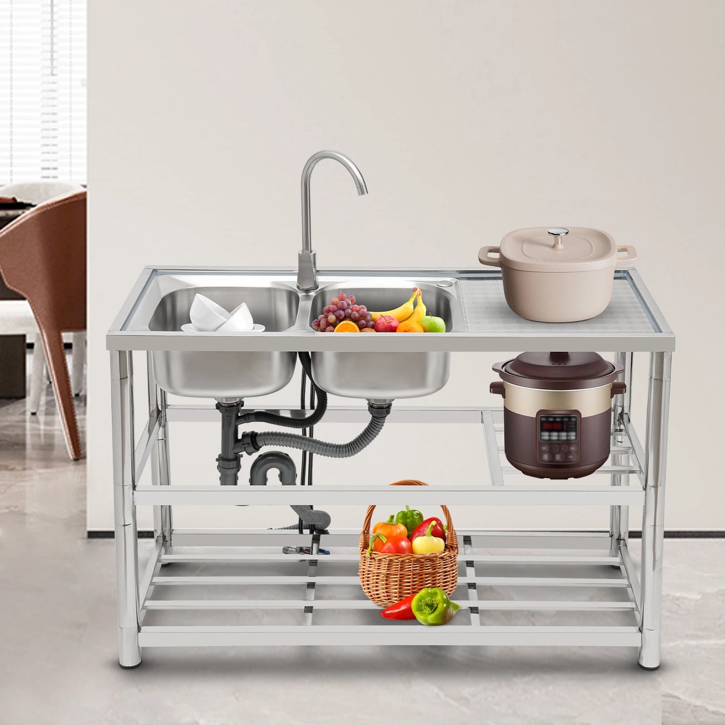 Dual Sink Stainless Steel Sink, Large Capacity, 360° Rotating Faucet, Raised Edges, Layered Filtration for Kitchens