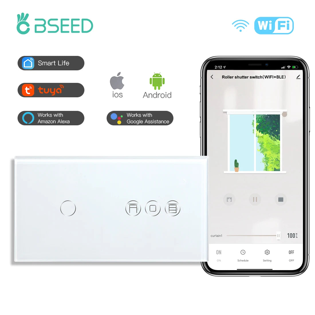 BSEED Wifi Shutter Schalter APP Control Led Smart Blind Serie Weiß Glas Panel Unterstützung Tuya Google Smart Leben Rollladen.