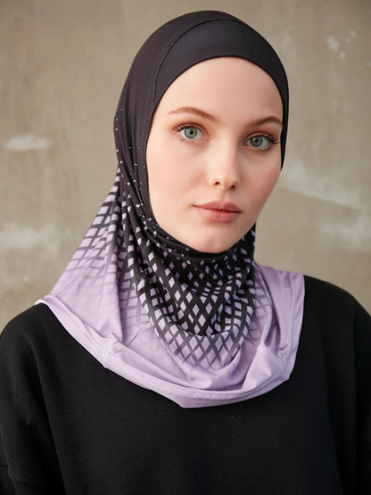 Sporty Muslim Inner Hijab Women Geometric Printing Pattern Instant Turban For Ladies Head Wrap Headband Header Model.