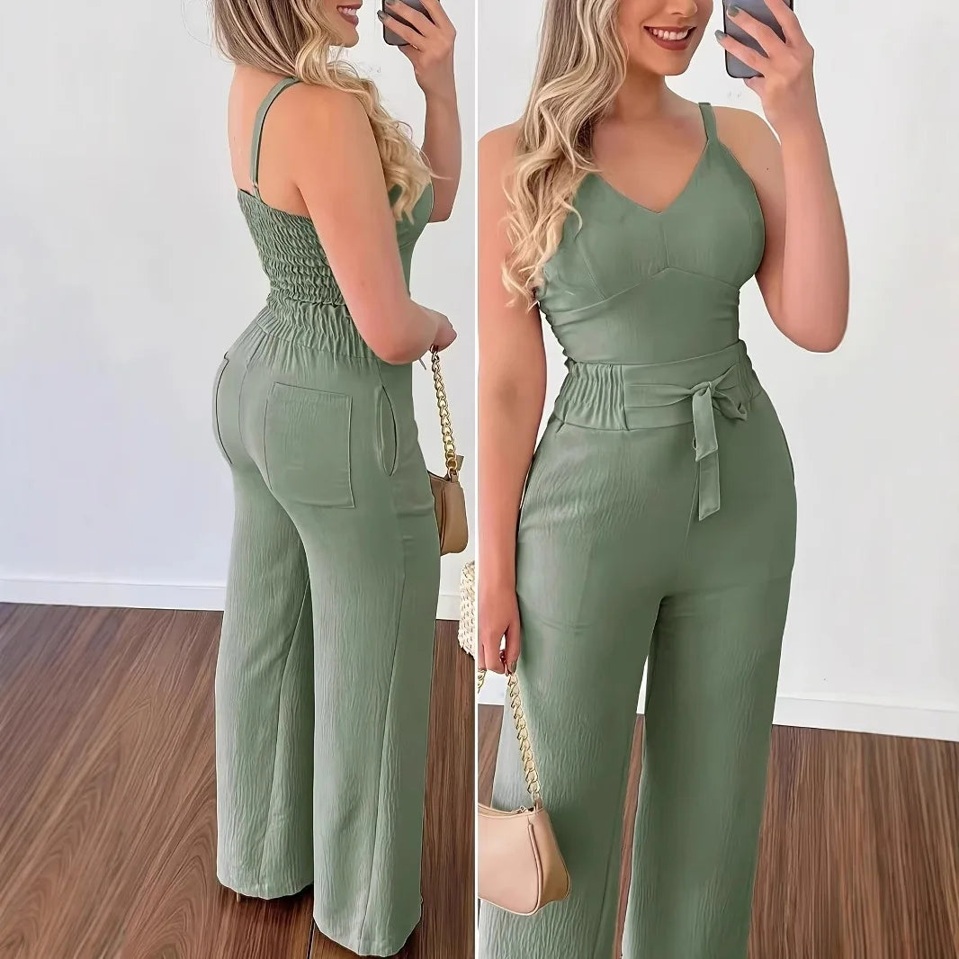 Women's fashion elegant suspender trousers set solid color casual elegant fake belt cw32369.