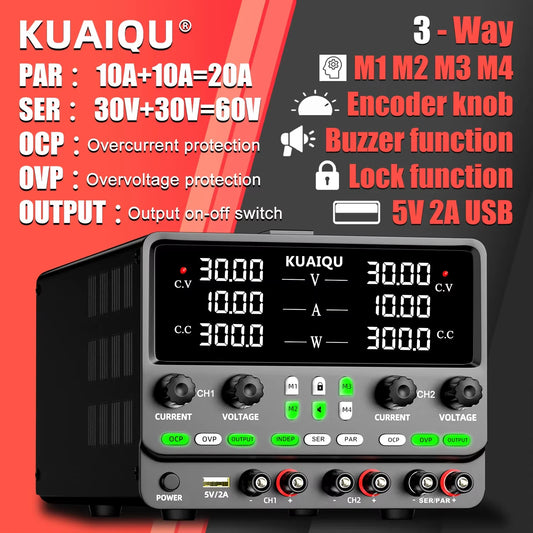 KUAIQU Newest 30V10A Dual Channel Bench Power Supply 3-Way Series-Parallel Output Overvoltage Overcurrent Protection Laboratory.