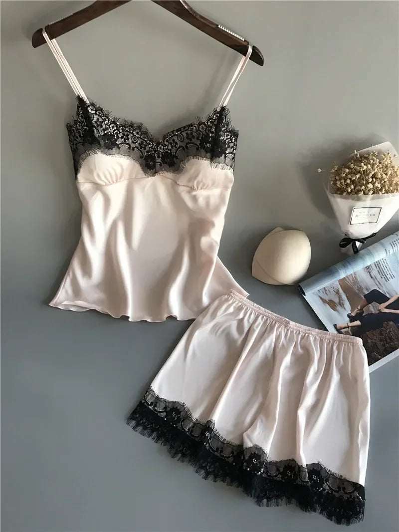 Sommer-Nachtwäsche für Damen, sexy Dessous, Spitze, Satin, Pyjama-Sets, Nachtwäsche, ärmellose Tops + Shorts, 2-teiliges Set, Pyjama-Sets.