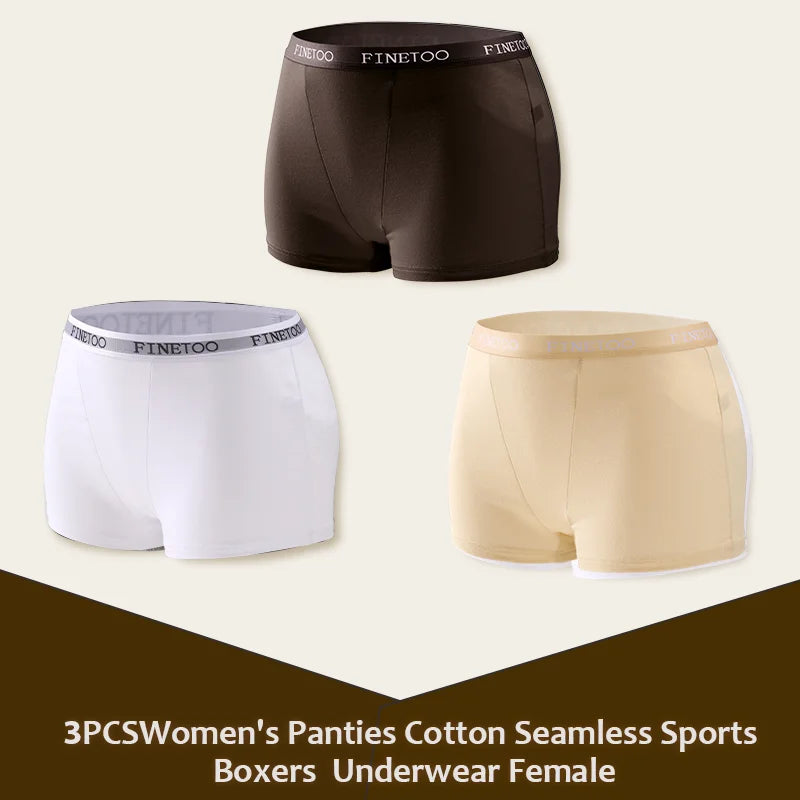 3Pcs Women's Panties Cotton Seamless Sports Boxers Underwear Female Solid Color Briefs Lingerie Intimate Underpant Finetoo S-XXL