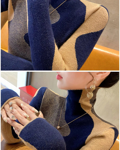 Women Clothing Vintage Fashion Slim Turtleneck Sweaters Autumn Winter Elegant Chic Patchwork Knit Pullovers Office Lady Tops.