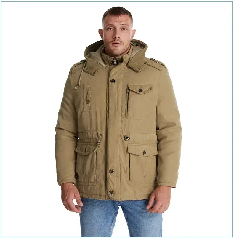 Men's Jacket WINTER USA SIZE Large SIZE Lamb Fleece JACKETS Hooded Cotton Thickened Multi Pocket Casual Mid length Coat