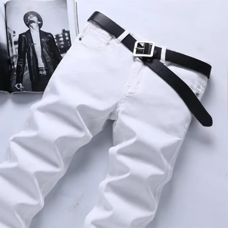 Pure White Jeans Men's Elastic Korean Style Slim Fit Youth Slimming Straight Leg Business Casual Middle Age High End Pants.