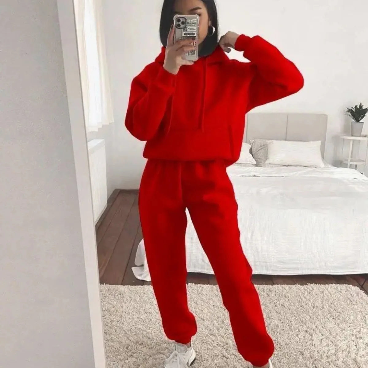 Women's Pocket Long-sleeved Hooded Sweatshirt Casual Set Autumn Winter New Solid Color Loose Sport Long Pants 2 Piece Set Female.