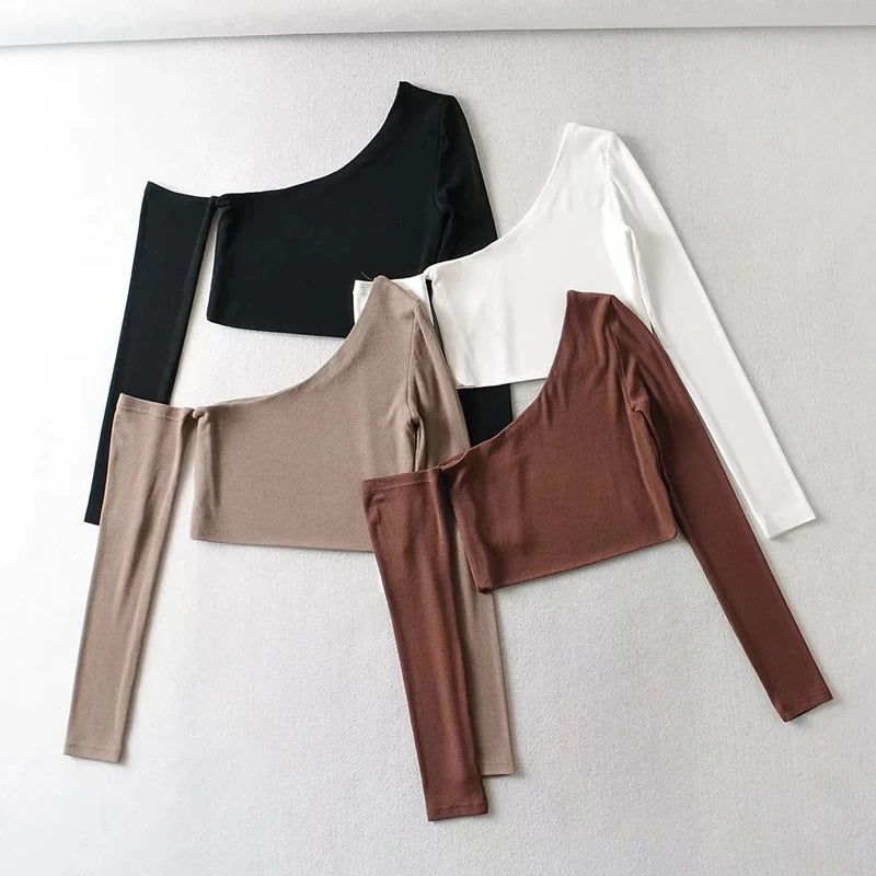 Women's One Shoulder Long Sleeved Crop Top.